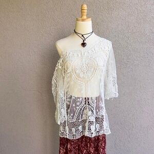 Crochet Mesh Blouse Top Sz Large Boho Fairy Off The Shoulder Y2K